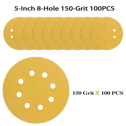 100PCS 5 Inch 8 Hole Sanding Discs 150 Grit,Gold Round Hook and Loop Sandpaper for Random Orbital Sander
