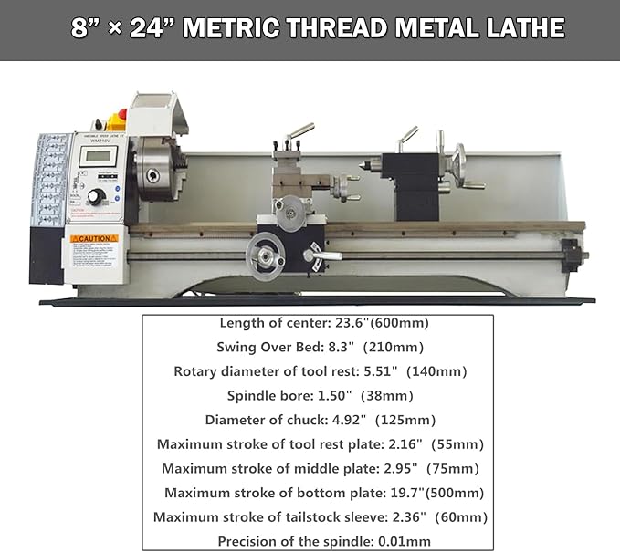 INTSUPERMAI 8"× 24" Metal Lathe Mini Precision Benchtop Metal Lathe Metric Thread Hobby DIY Metal Lathe1100W Brushless Motor Metal Turning Machine with 4 Jaw/3 Jaw Chuck 110V