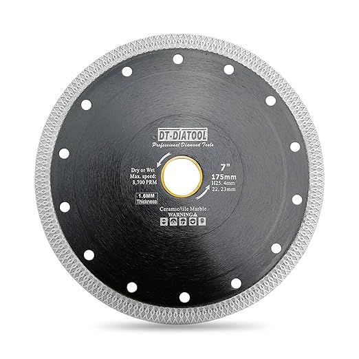 DT-DIATOOL Diamond Tile Blade 7 Inch Diamond Turbo X Mesh Rim Segement Circular Saw Blade for Procelain Ceramic Stoneware Marble Granite Fits 5/8"-7/8" Arbor