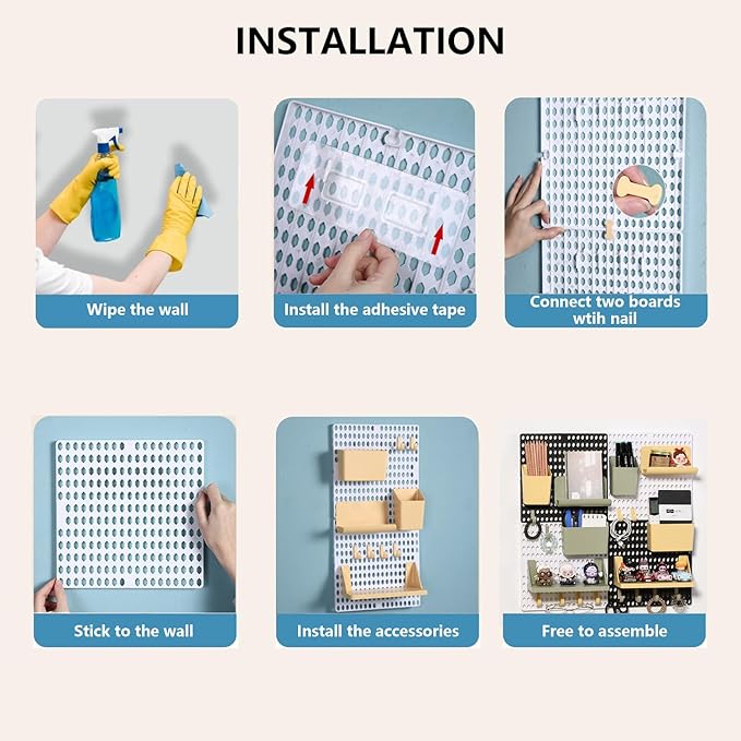 PegBoard Wall Organizer, Plastic Wall Pegboard Kit, 2 White Pegboard and 10 Pegboard Accessories, Wall Mount Pegboard with Hooks, Wall Display Peg board for Home and Office, 19.5” x 9.5”
