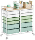 Rolling Storage Cart with 12 Drawers, Wooden Tabletop Utility Cart by TOOLF