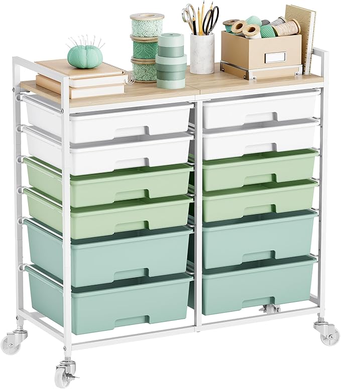 Rolling Storage Cart with 12 Drawers, Wooden Tabletop Utility Cart by TOOLF