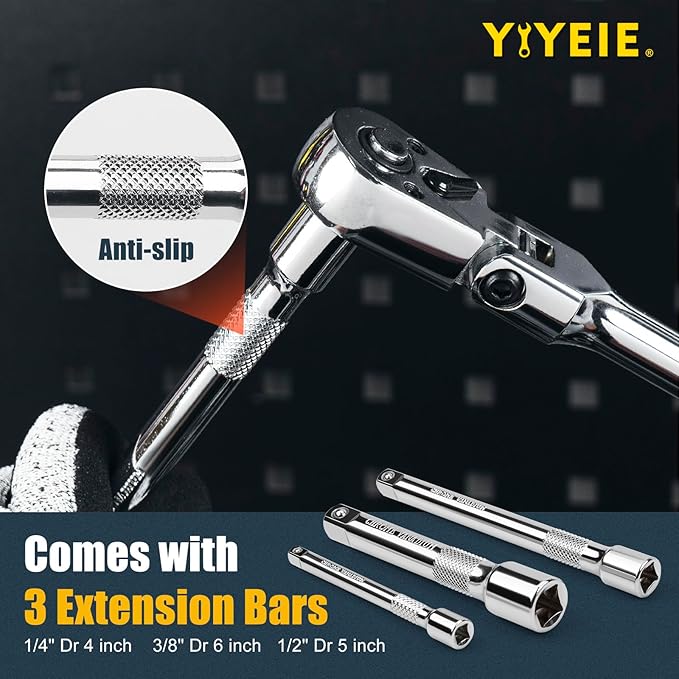 6-Piece Flex Head Ratchet Set, 1/4", 3/8", 1/2" Drive, Swivel Head Ratchet Wrench with Extension Bar, 72 Tooth, 180° Adjustable, Quick-Release, Flexible Ratchet Handle with EVA Foam