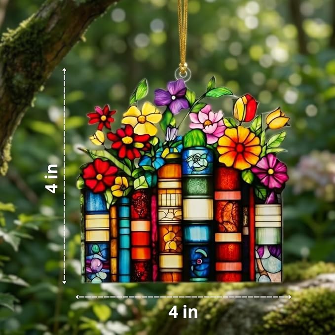 Book Lover Gifts for Women Acrylic Faux Stained Glass Window Hanging, Floral - Image 2