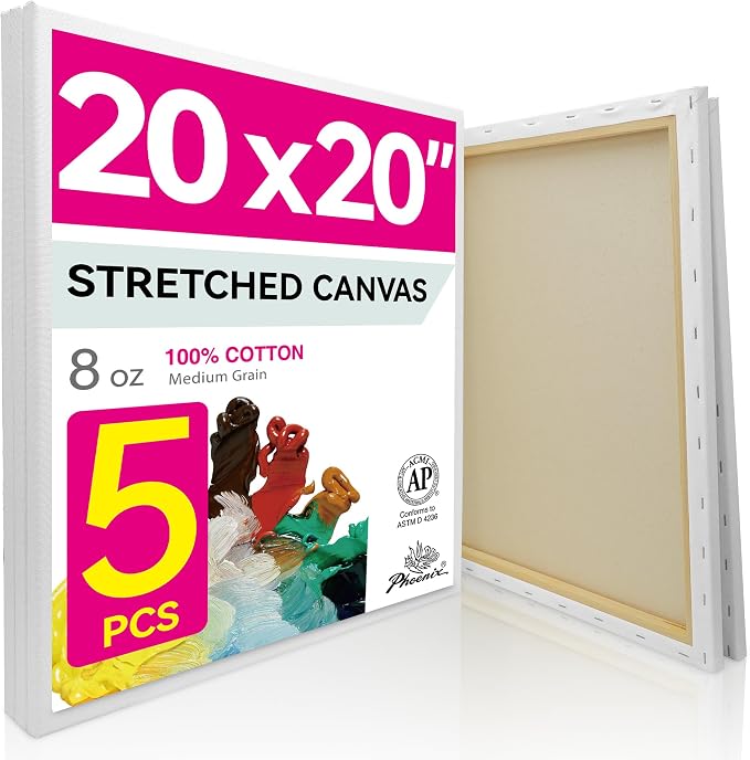 PHOENIX Large Stretched Canvas for Painting 20x20 Inch/5 Value Pack, 8 Oz by PHOENIX