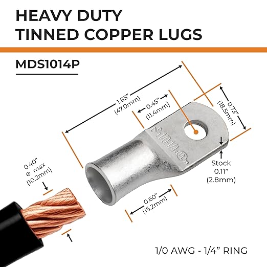 SELTERM 5pcs 1/0 AWG 1/4" Tinned Copper Wire Lugs, Ring Terminals, Battery Cable Ends, UL Marine Grade Electrical Battery Terminal Connectors