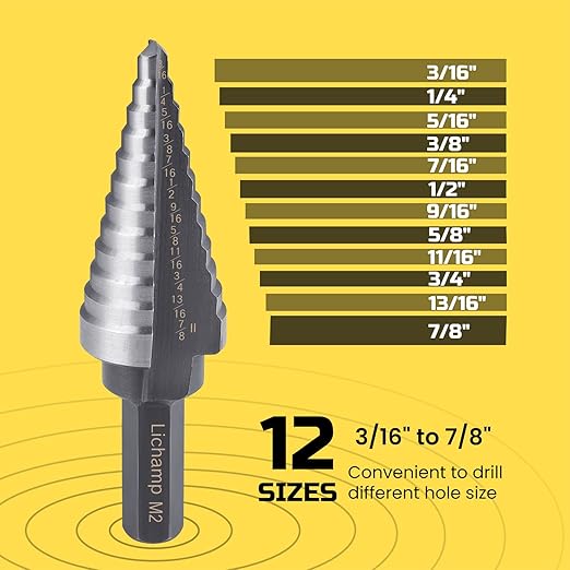 Lichamp Unibit Step Drill Bit for Metal, Genuine M2 Drill Stepper Bit for Hard Metal Heavy Duty, 12 Sizes from 3/16" to 7/8", Dual Straight Grooved with Hex Drive, A3BK