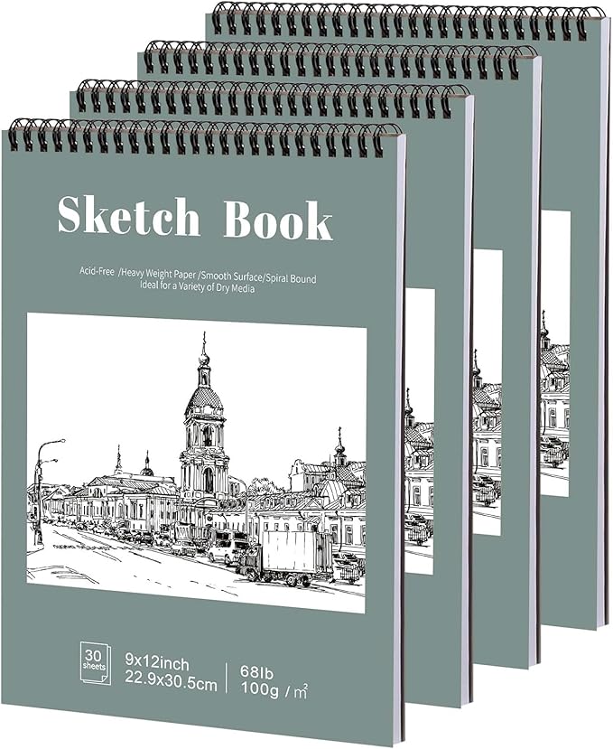 4 Pack Sketch Book, 9 x 12 Inch Sketchbook, 68lb/100gsm Top Spiral Bound Sketch by Prudiut