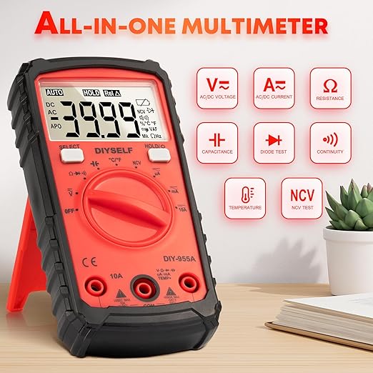 DIYSELF Digital Multimeter Tester 4000 Counts, Auto-Ranging Non-Contact Volt Meter for DC/AC Voltage, Capacitance, Resistance, Continuity, Multi Meter Electrical Tester with Test Leads
