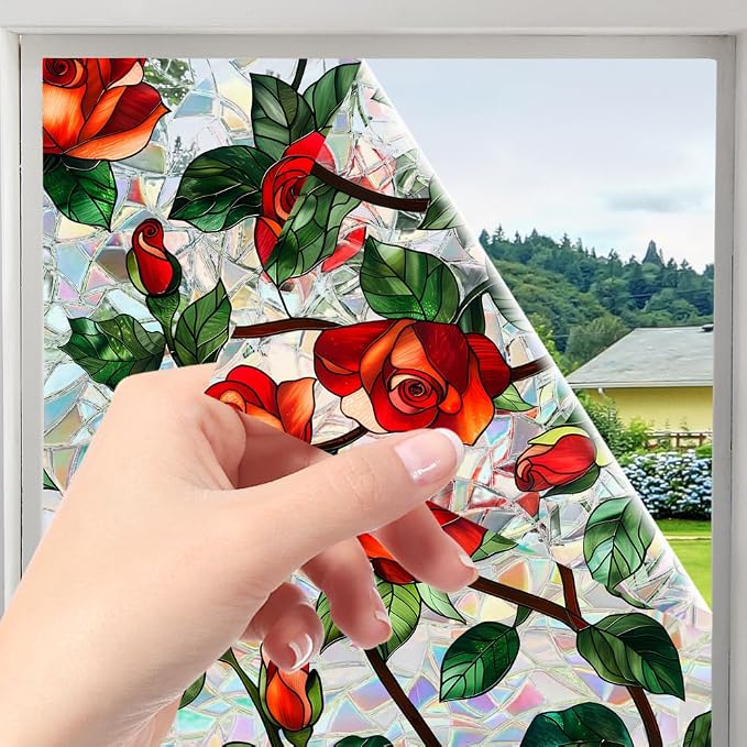 Bloss 3D Rose Stained Glass Windows Film Gothic, 17x78.7Inch Rainbow Floral - Image 3