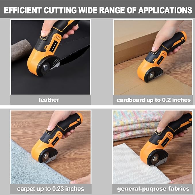 jomeda Cordless Electric Scissors, 4 V Rechargeable Rotary Cutter with Rechargeable LED Light, Safety Lock for Cutting Fabric, Cardboard, Leather, Carpet and PVC Boxes，Yellow