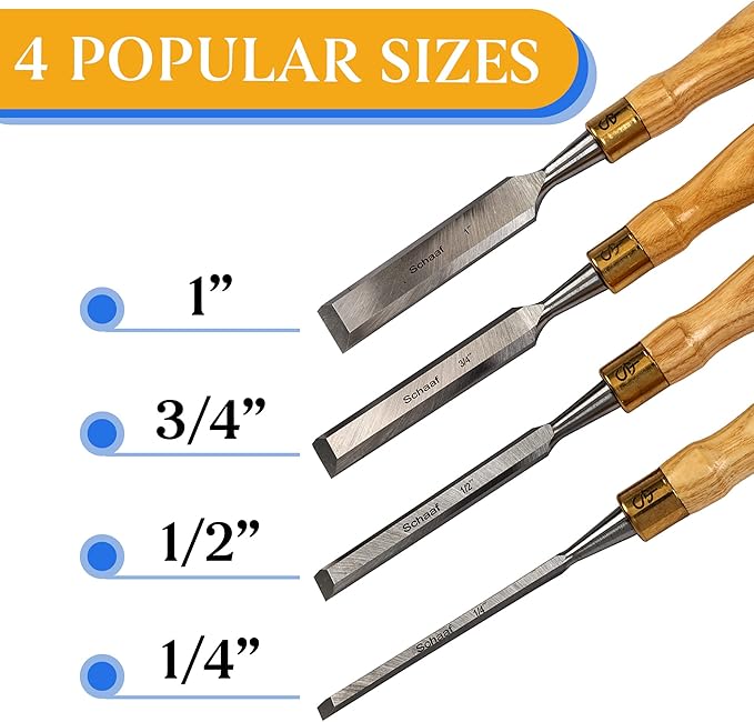Finely Crafted Wood Chisel Set, 4 High-Performance Woodworking Chisels with Durable, Sharp CR-V Steel Blades Tempered to 60HRc, Chisel Set with Tool Roll from Schaaf Wood Carving Tools