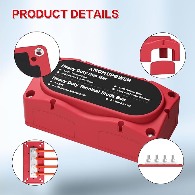 300A Bus Bar 12v Power Distribution Block 4 x 5/16"(M8) Terminal Block Heavy Duty Waterproof Buss Bar Junction Block Marine Battery Bus bar for Automotive Boat Solar System(Red)