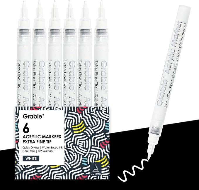 Grabie 6 White Acrylic Paint Markers, 0.7mm Extra Fine Tip Acrylic Paint Pens by Grabie
