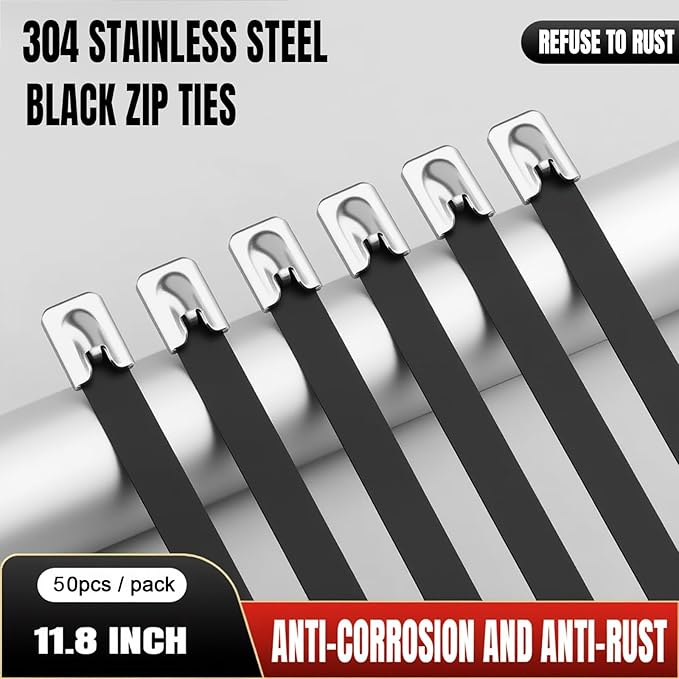 Black Metal Zip Ties, 11.8inch 50pcs 304 Stainless Steel Zip Ties, Uv Resistant Chain Link Fence Ties for Machinery, Exhaust Wrap, Farm, Pipe, Roof, Cable, and Outdoor Fences
