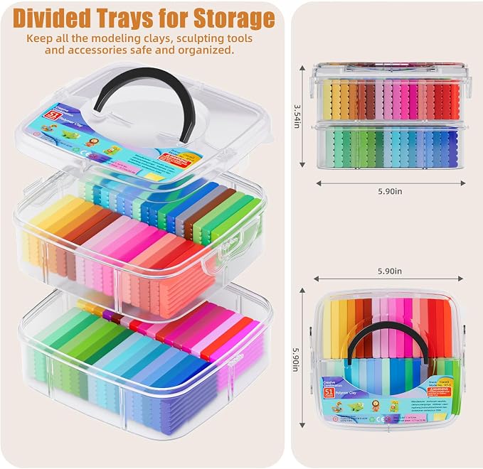 CiaraQ 51-Color Polymer Clay Oven Bake Modeling Kit | 14 tools, 2‑layer box - Image 5