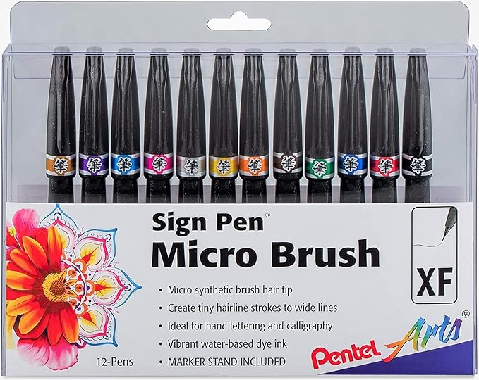 Pentel Arts Sign Pen Micro Brush Tip, 12-PK Plastic Box by PentelofAmerica