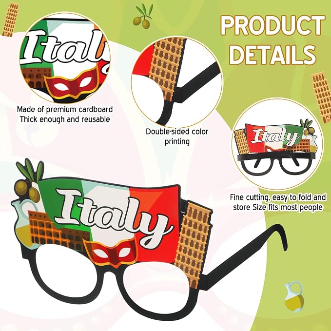 Pajean 32 Pcs Italian Party Decorations Italy Theme Eyeglasses Italian Paper - Image 3