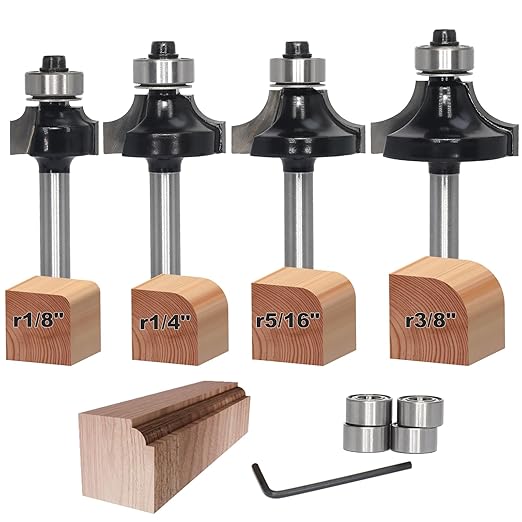 4Pcs Roundover and Beads Router Bits,Radius -1/8" ,1/4",5/16",3/8" Edge Forming Router Bit Set,1/4 Inch Shank,Corner Rounding Router Bits,Matched with 4pcs Alternative Beading Bearings