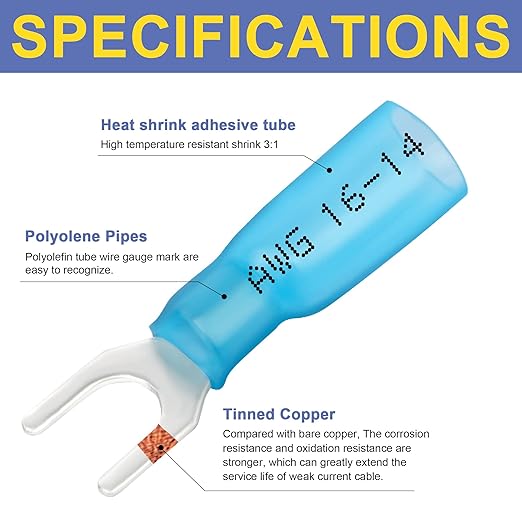 haisstronica 200PCS Heat Shrink Fork Spade Connectors #10 Waterproof Marine Grade Fork Terminal Connectors U-Type Blue 16-14 Gauge