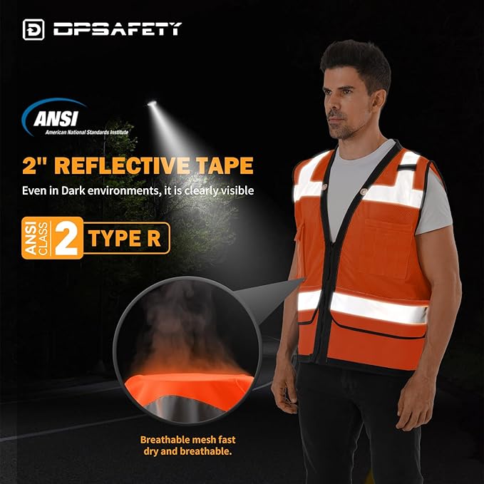 Reflective Safety vest With back plan pocket,High visibility Class 2 Heavy Duty Surveyor Vest with Zipper,Hi Vis Vest ANSI/ISEA Standard, Construction Work Vest for Men＆Women(Orange,XL)