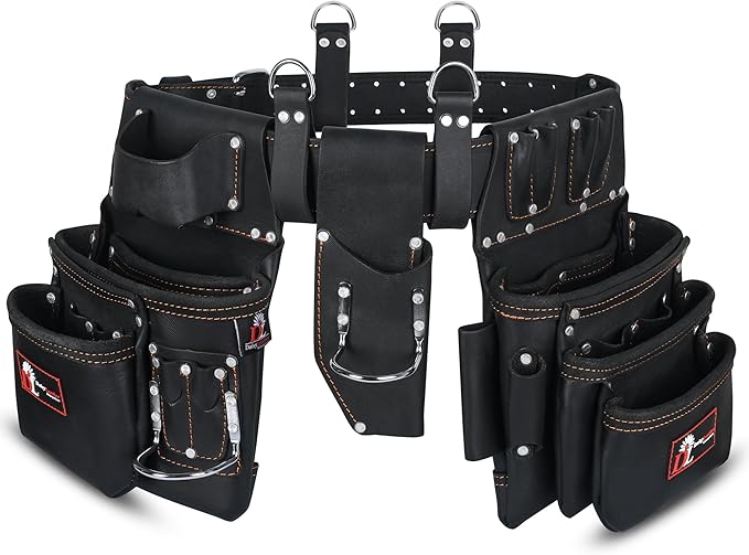 Daisy Leather PRO DL-101 Oil tanned Premium 25 pockets Heavy duty Tool Belt, Carpenter belt Pouch for Construction, Carpenter, Craftsman and Electricians workers, Black, X-Large