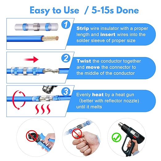 Kuject 250PCS Solder Seal Wire Connectors AWG 16-14, Blue Solder Seal Heat Shrink Butt Connectors Terminals Sleeve Waterproof Wire Splice Connector for Marine Boat Wire Joint
