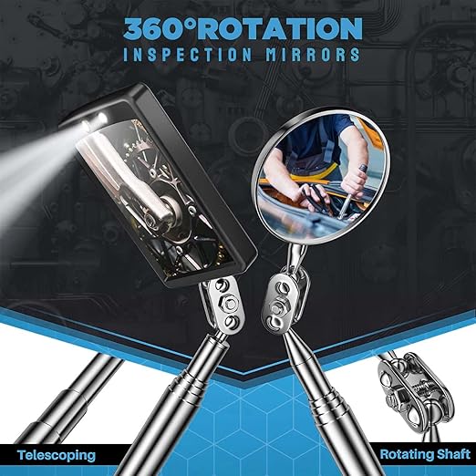 2PCS Telescopic Inspection Mirror, LED Telescopic Inspection Mirror,Portable Round 360 Degree Rotating Inspection Mirror Flashlight and Round/Square Inspection Mirror