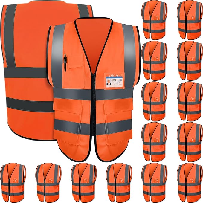 15 Pack Reflective Safety Vests with Pockets and Zipper High Visibility Vest Construction Work Vest for Men Women(Orange Red, Medium)