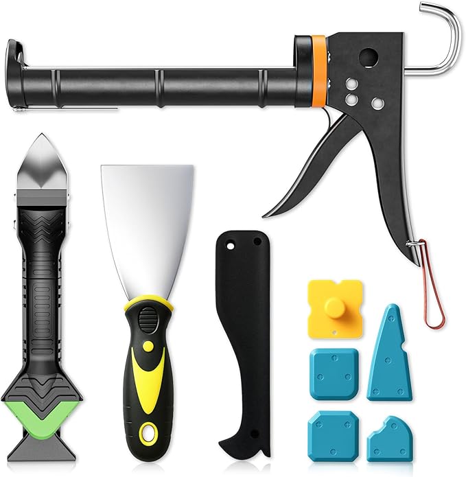 Professional Caulk Gun Kit with Caulk Remover Tool & Putty Knife - 5 in 1 Caulking Tool Set for Caulking Removal, Shower & Bathroom Caulk, Includes Caulking Gun Tool, Caulk Scraper Tool Spackle Knife