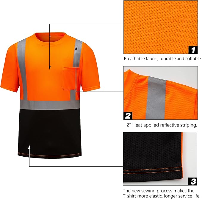 High Visibility Shirts Quick Dry Safety T Shirts with Reflective Strips and Pocket Short Sleeve Mesh Hi Vis Construction Work Class 2 Shirt for Men/Women Black Bottom Orange,XL