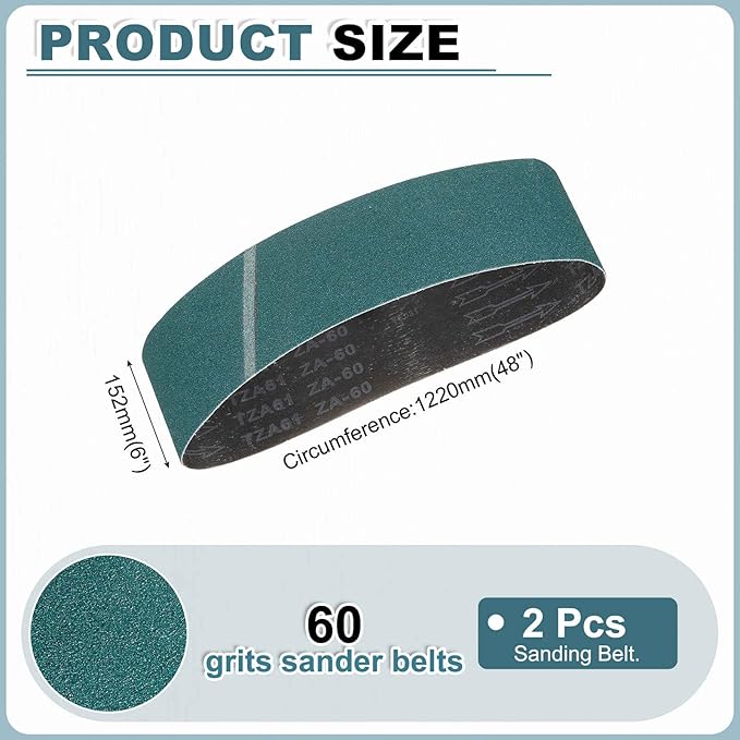 HARFINGTON 6 x 48 Inch Sanding Belts, 2 Pcs 60 Grit Zirconia Abrasive Belt Sander File Belts for Woodworking, Metal Polishing, Knife Sharpener