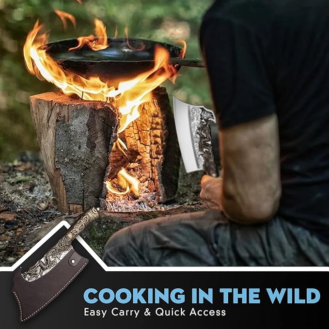 ROCOCO 2lb Dragon Butcher Knife Heavey Duty Cleaver Knife for Meat Bone Cutting 9.5" Cool Big Viking Camping Chopper Cutter with Sheath Birthday Father Mother Christmas Gift Idea Men