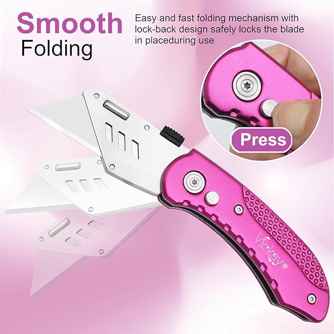 Vickay Folding Utility Knife, Box Cutter with 5 SK5 Quick Change Blades, Safety Axis Lock Design Razor Knife, Lightweight Aluminum Handle Belt Clip for Office Home Artcraft (Hot Pink)