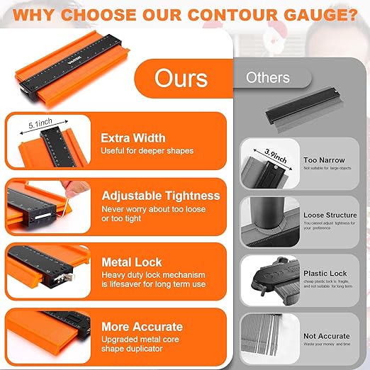 VARSK Contour Gauge Tool with Lock 5+10 Inch - Measuring Scribe Profile Tool, Birthday Gifts for Men Dad Him, Cool Gadgets Tools for Men DIY Handyman, Woodworking Tools for Measuring Flooring