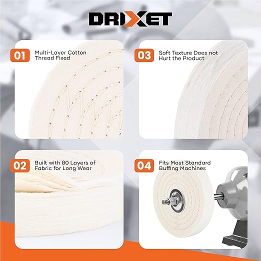 Buffing Wheels for Bench Grinder - 6 Inch Extra Thick Buffing Wheel Fine Cotton Sewn Rigid Treated Spiral with a 1/2” Center Arbor Hole - 80 Ply Polishing Wheel for Bench Grinder (2 Pack)–by Drixet
