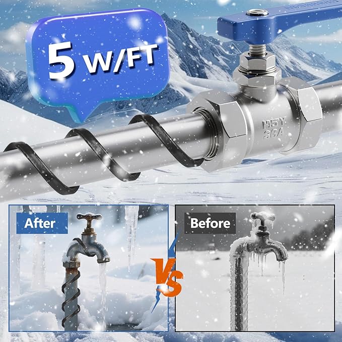 Pipe Heating Cable 15FT (3FT-200FT) for Metal & Plastic Water Pipes - Freeze Protection up to -40°F, 5W/FT 120V Heat Tape to Keep Water Flowing