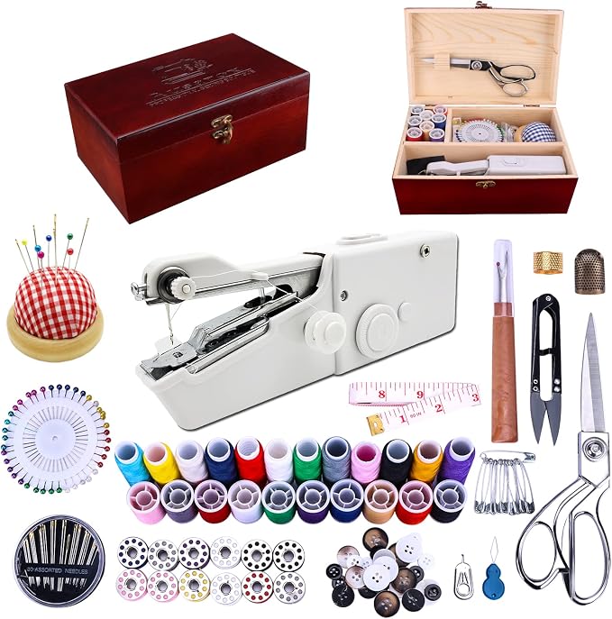 Handheld Sewing Machine, with Elegant Wooden Sewing Box and 153-Piece Sewing Kit by Ausarox