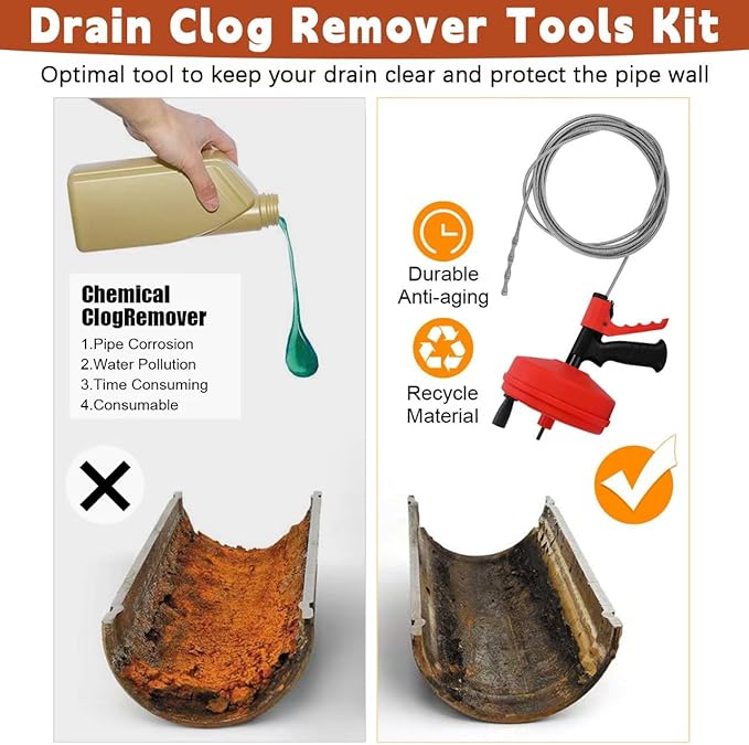 50 FT Double Mode Drain Snake Tools, 11-in-1 Drain Auger for Sink and Drain Unblocking, Plumbing Snake for Kitchen, Bathrom and Shower Sink, Snake for Real DYIs【Upgraded】