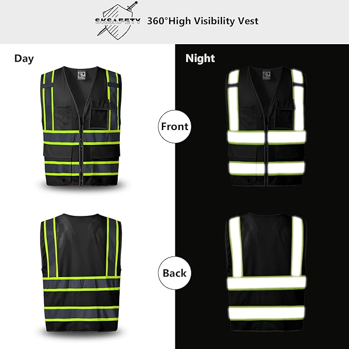 SKSAFETY 10 Pockets Safety Vest, Class 2 High Visibility Security with Zipper Back Mesh, Hi Vis Vest with Reflective Strips, ANSI/ISEA Standard, Construction Work Vest for Men ＆ Women （Black, 3XL）