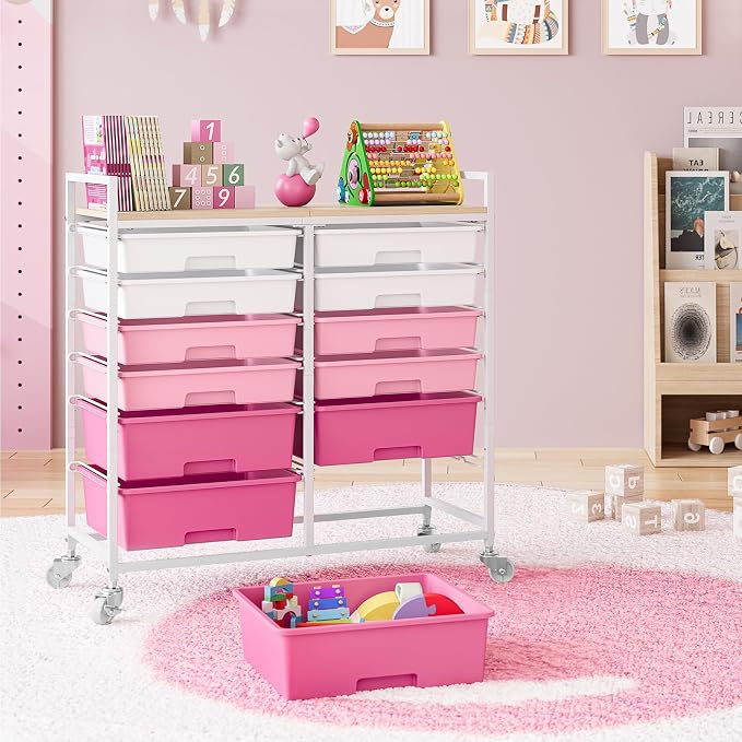 Rolling Storage Cart with 12 Drawers, Wooden Tabletop Utility Cart - Image 2