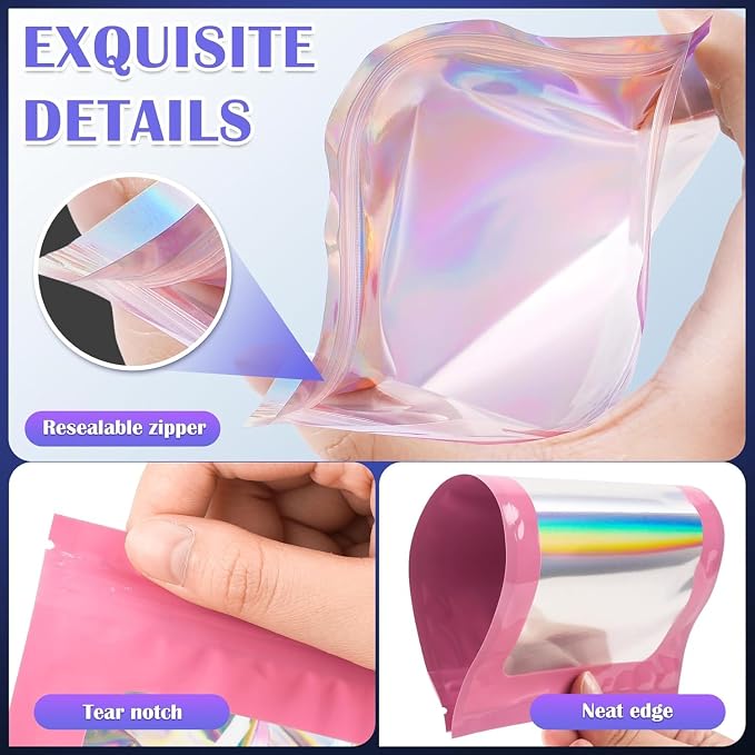 JETMORE 300 Pcs Mylar Bags, Smell Proof Bags Foil Pouch, Holographic Resealable - Image 5