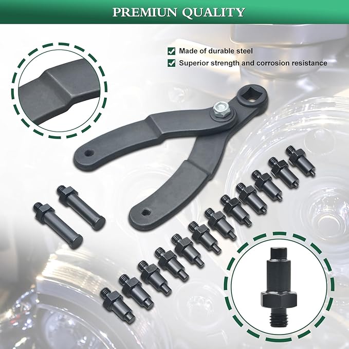 LainKeen 15Pc Universal Camshaft Pulley Holder Tools Kit,Variable Pin Spanner Wrench Kit Adjustable Fan Clutch Pully Holder Wrench with Pins