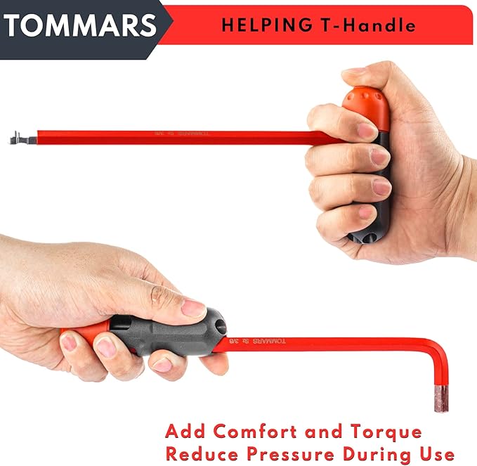 TOMMARS Hex Key Set Magnetic Ball End S2 Steel With T-Handle Hex Key Allen Wrench Set SAE(1/16"-3/8") Metric(1.5mm-10mm) TORX(T10-T50)
