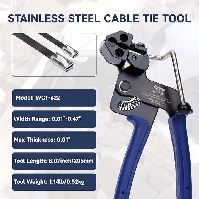 iCrimp Stainless Steel Cable Tie Tool Zip Gun with Built-in Cutter,extra Release Tool and 100pcs 11.8 inch Metal Cable Ties included