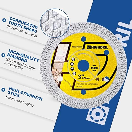HIGHDRIL Diamond Tile Blade 3" 75mm x Arbor 3/8" 10mm - 4pcs X Mesh Angle Grinder Cutting Disc for Cutting Porcelain Tile Ceramic Marble Granite