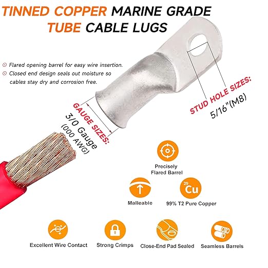 000 Gauge Tinned Copper Cable Lugs 8 PCS 3/0 AWG-5/16(M8) Ring Terminal Heavy Duty Wire Lugs Battery Lugs, 8 PCS 3/0 Guage terminals Battery Cable Ends Connectors with 8 PCS 3:1 Heat Shrink Tube