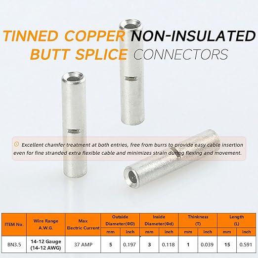 SVAAR 100PCS 14-12 Gauge Non Insulated Butt Connectors 14-12 AWG Uninsulated Butt Splice Connectors Crimp Repair Butt Splices Kit Tinned Copper Marine Grade Seamless Barrel Crimp Butt Splice Terminals