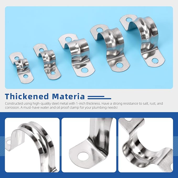 Glarks 50Pcs M8 Pipe Strap Clamp, 304 Stainless Steel 2 Hole Strap Heavy Duty Rigid Pipe Strap U Bracket Tube Strap Cable Clamp Hanger Tension Tube Clip for Pipe Tube Cable Fixing (32mm (1-1/4"))