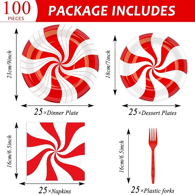 100Pcs Christmas Peppermint Paper Plates and Napkins Party Supplies Candy Cane - Image 2